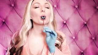 ASMR: blue nitrile gloves and candy engulfing, wearing pink PVC coat, cutie in braces (Arya Grander) - 10 image
