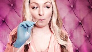 ASMR: blue nitrile gloves and candy engulfing, wearing pink PVC coat, cutie in braces (Arya Grander) - 12 image