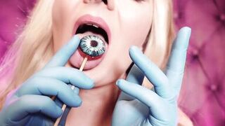 ASMR: blue nitrile gloves and candy engulfing, wearing pink PVC coat, cutie in braces (Arya Grander) - 2 image