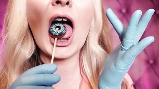 ASMR: blue nitrile gloves and candy engulfing, wearing pink PVC coat, cutie in braces (Arya Grander) - 4 image