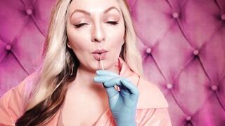 ASMR: blue nitrile gloves and candy engulfing, wearing pink PVC coat, cutie in braces (Arya Grander) - 5 image