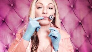 ASMR: blue nitrile gloves and candy engulfing, wearing pink PVC coat, cutie in braces (Arya Grander) - 7 image