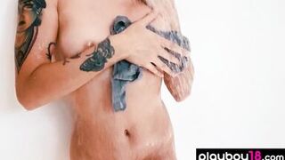 Avery Black strips down and shows off her perfect shaved pussy in the shower