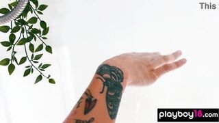 Avery Black strips down and shows off her perfect shaved pussy in the shower